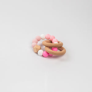 SILICONE + WOOD TEETHER RING, COTTON CANDY